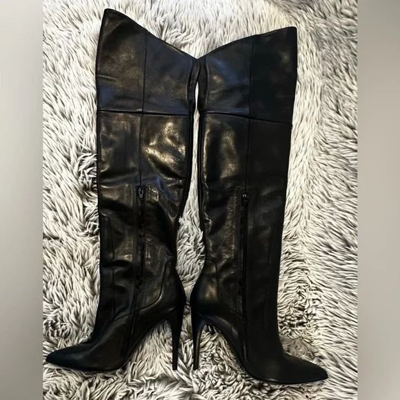 Halston Hertiage Olivia Over the Knee Leather Boots - Jet Black - Picture 4 of 12